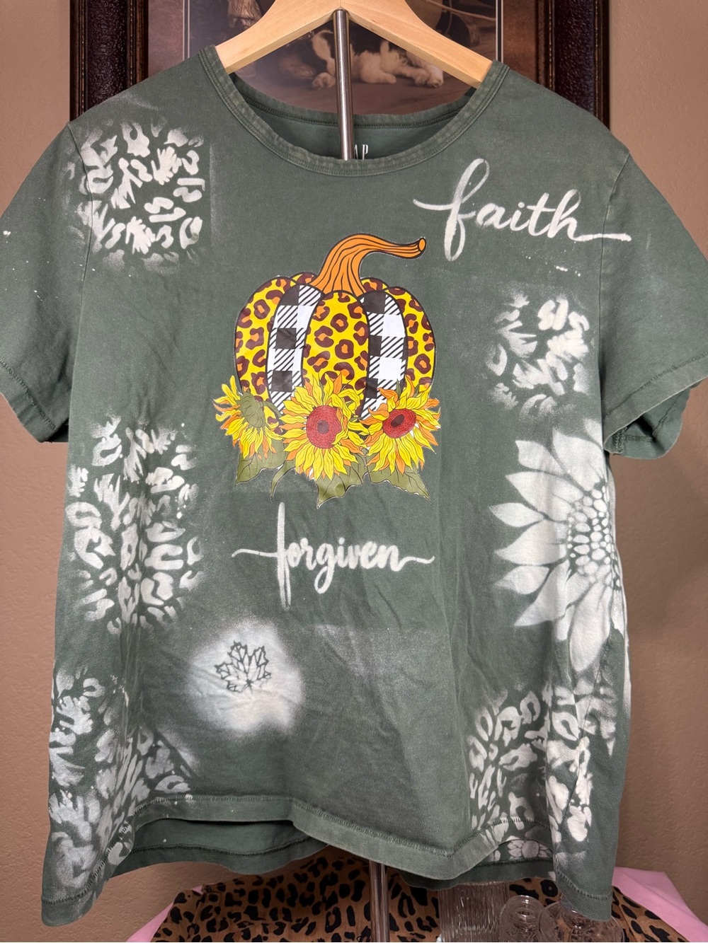 GAP Olive Green Custom bleached 'Faith Forgiven' Sunflower & Pumpkin Graphic Tee